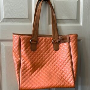 Consuela Orange Quilted Tote with Brown  Leather Accents, patent coated